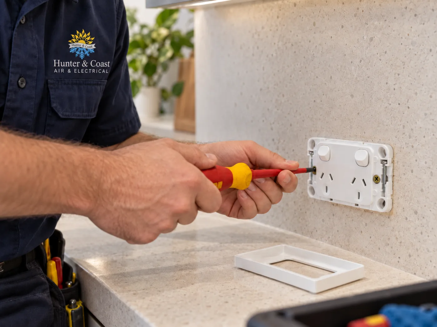 Hunter & Coast electrician installing a double power point in a Hunter home kitchen