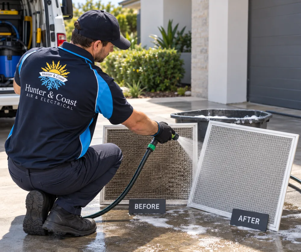 Hunter & Coast technician hosing a dirty air conditioner filter clean beside a clean one