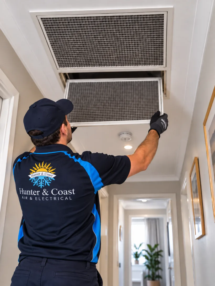 Hunter & Coast technician cleaning a ceiling ducted return-air filter in a hallway